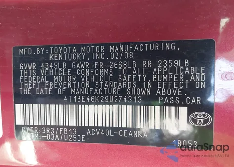 2009 Toyota Camry Le из США, поврежденный, VIN 4T1BE46K29U274313